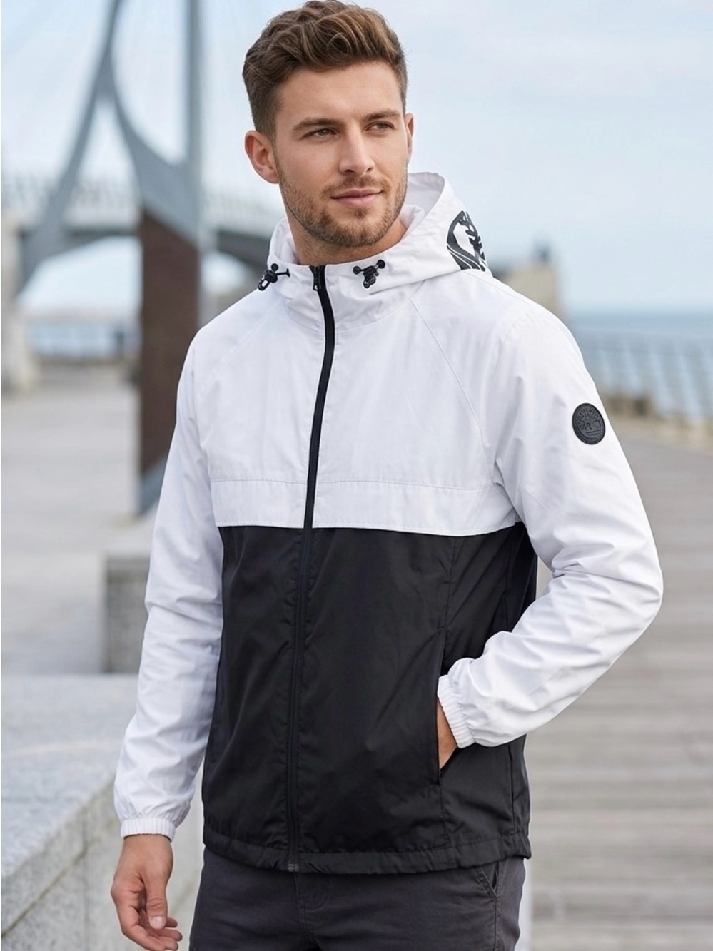 TIMBERLAND Waterproof Colorblock Hooded Windbreaker Rain Jacket Black White M